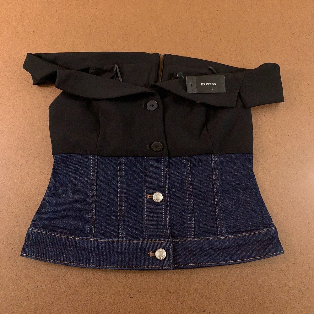 Express Women's 0 Denim Twill Off The Shoulder Faux Button Front Corset Top NWT